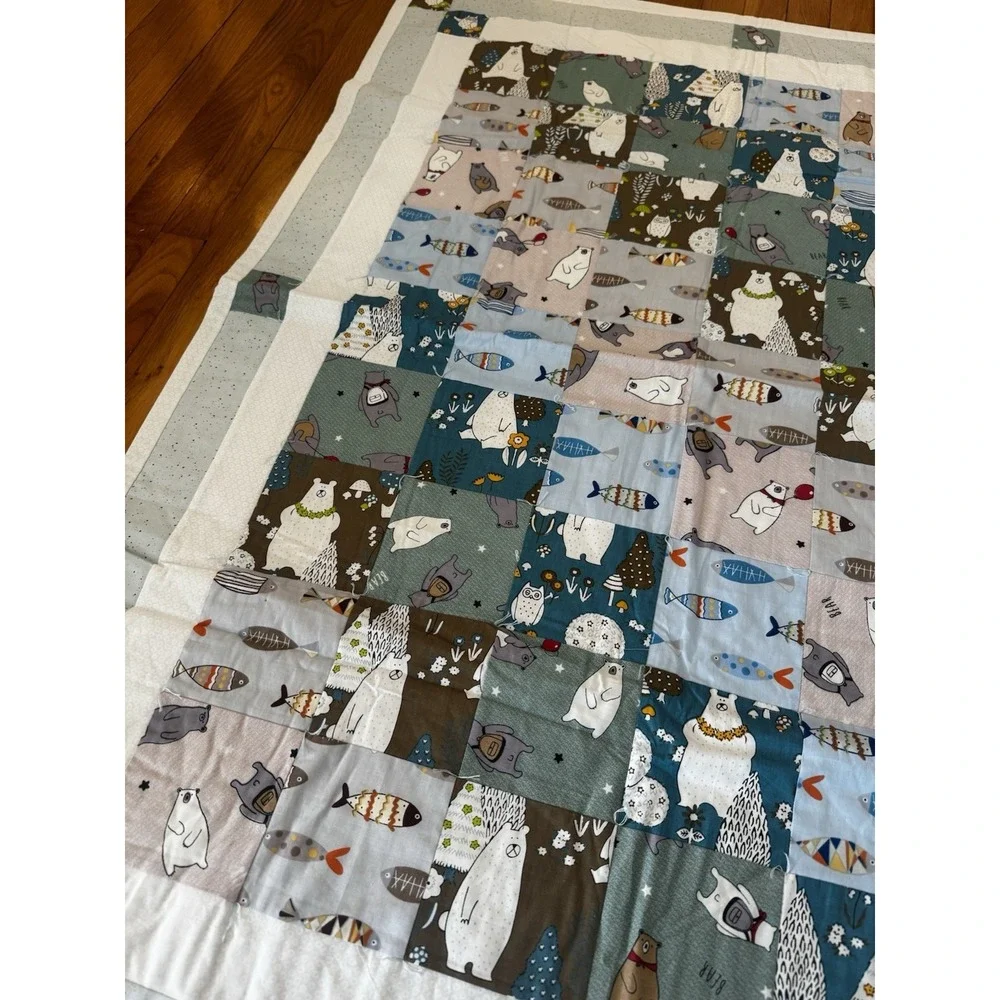 Handmade Bear And‎ Fish Patchwork Baby Boys Quilt Nursery Crib Blanket 37x49